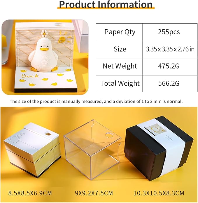 3D Memo Pad with Lights, Lucky Duck 3D Notepad Paper Art Non-Sticky Post Notes, 3D Paper Carving DIY Notes Notepad Creative Decoration Gift