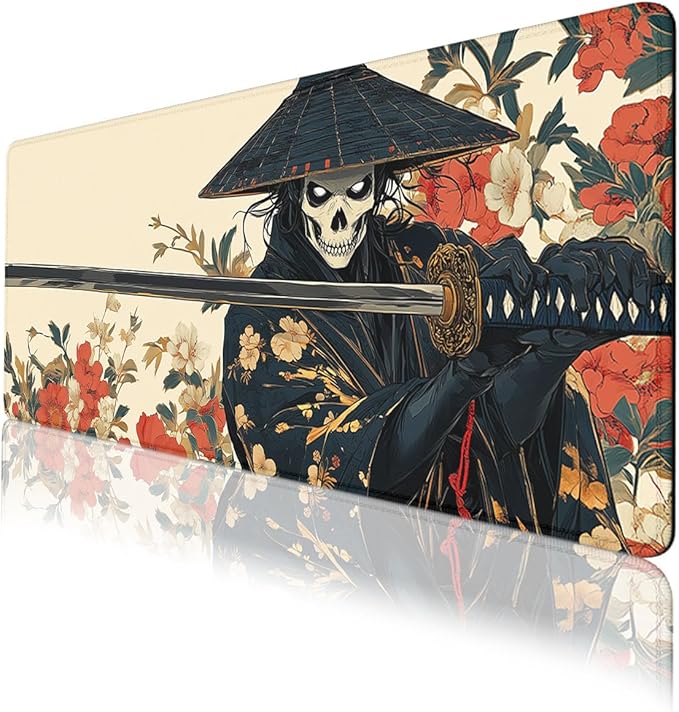 Samurai Desk Pad Mouse Pad Skull Black Gold Japanese Anime Gaming Mouse Mat with Stitched Edges,Non-Slip Waterproof Rubber Base Mous Mat Office Computer Keyboard Laptop Home 31.5"x11.8"