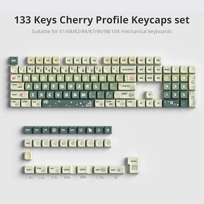 Guffercty kred 133 Keys XDA Profile Green keycaps 75 Percent Cute PBT Keyboard Caps with ISO Keys for 60% 65% 75% 96% Mechanical Keyboard (Light Green)