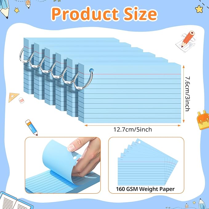 Index Cards 3x5 Inches, 300 PCS, Blue Flash Cards With Ring, Punched Lined Study Card Ruled Flashcards Notecards, Ruled Front And Blank Back, Note Card for School, College And Home