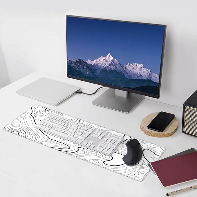 White Topographic Contour Extended Big Mouse Pad Large,Gaming Mouse Pad Desk Pad,31.5x11.8x0.12 Inch Long Computer Keyboard Mouse Mat Mousepad Non-Slip Base and Stitched Edge for Gaming and Office