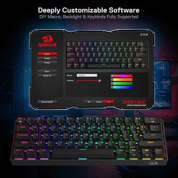 Redragon K530 Pro Draconic 60% Wireless RGB Mechanical Keyboard, BT/2.4Ghz/Wired 3-Mode 61 Keys Compact Gaming Keyboard w/Hot-Swap Socket, Free-Mod Plate Mounted PCB & Tactile Brown Switch