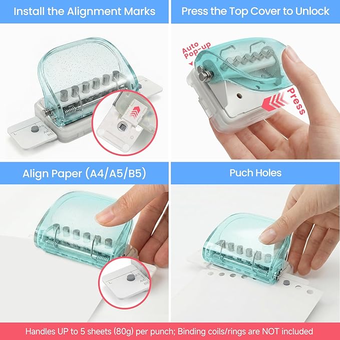 Spiral Binding Machine, Portable 6-Hole Mini Hole Punch,Comb Binder for Letter Size, A4,A5,B5,DIY Creative Book Binder Loose Paper for Organized Reports,Scrapbooks,Household Documents,Family Cookbook