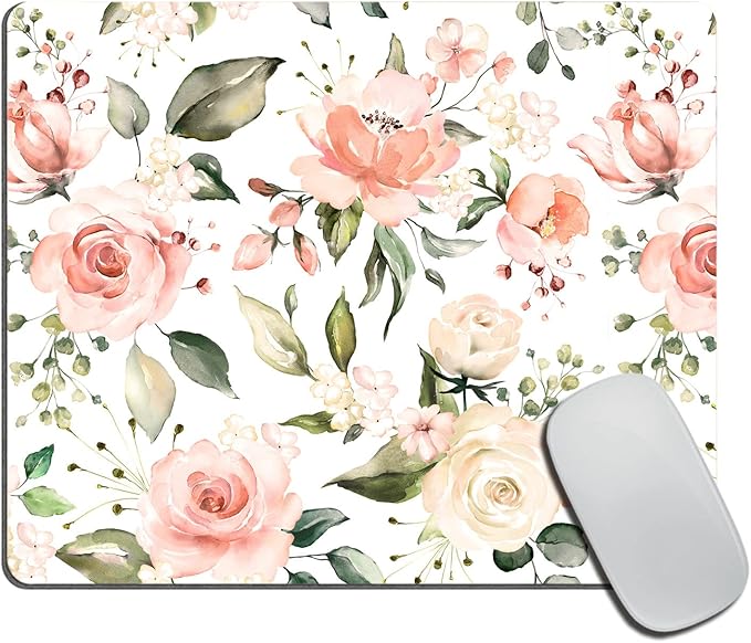 Pink and Green Flowers Mouse Pad, Mouse Mat, Desk Accessories, Floral, Roses, Home, Office, Rectangle, Flowers Mousepad 9.5"x7.9"x0.12" Inch