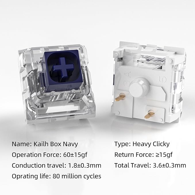 Kailh Box Navy Switches for Mechanical Gaming Keyboard,3-Pin 60gf Clicky/Factory Lubed/IP56 Dust&Waterproof Switches(Kailh Box Navy,108Pcs)