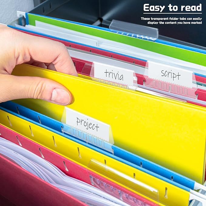 60 Sets 2 Inch Hanging File Folder Tabs, Transparent File Folder Labels with Paper Inserts Plastic Tabs for Hanging File Folders for Quick Identification