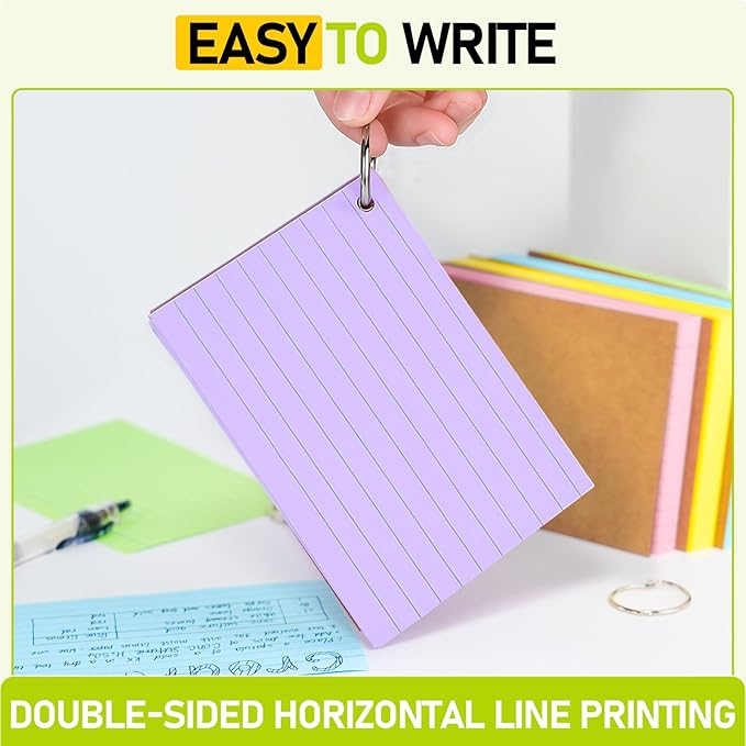 4x6 Inches Index Cards, 250PCS Colored Flash Cards with Ring, Lined on Both Side Notecards Ruled Study Card Flashcards Heavy Note Cards for Studying, Learning, School, College