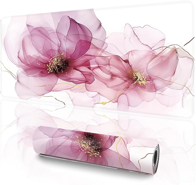 Pink Alcohol Ink Desk Mat (31.5 x 11.8 Inch), Large Abstract Floral Mouse Pad with Gold Accents, Elegant Magenta Fluid Art Design, Non-Slip Laptop Base, Modern Office Decor