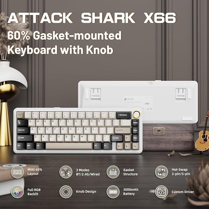ATTACK SHARK X66 60% Wireless Mechanical Gaming Keyboard with Volume Knob, Gasket Hot Swappable Custom Keyboard, PBT Keycaps, Tri-Mode USB-C/BT5.0/2.4G RGB Keyboard with Coiled Cable - Cheese White