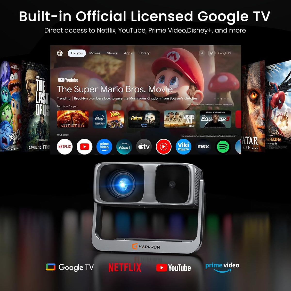 2500 ANSI Google TV Built-in Smart Movie Projector for Home Theater 4K Decoding, WiFi 6 and Bluetooth 5.2, Dolby Sound, Built-in Speakers, Outdoor Projector with Apps for Camping, Gaming