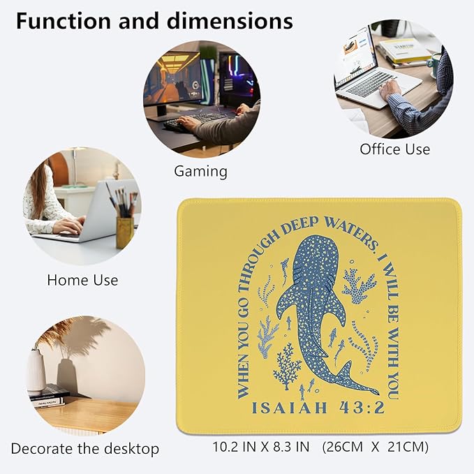 Yellow Whale Shark Mouse Pad,Ocean Room Deck Decor,Christian Bible Desk Mat for Dorm Home Office Desktop Decor,Christian Nursery Decor,10.2x8.2 in