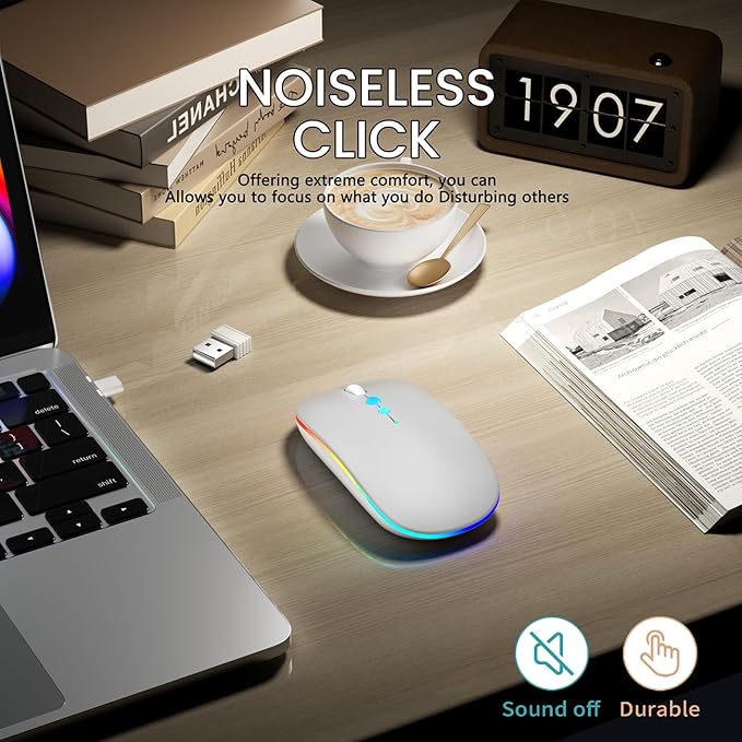 LED Wireless Mouse A100S Rechargeable Portable Silent Mouse with Optional USB and Type-C Receiver 3-Speed Adjustable DPI for PC/Mac/Laptop (Frosted Silver)