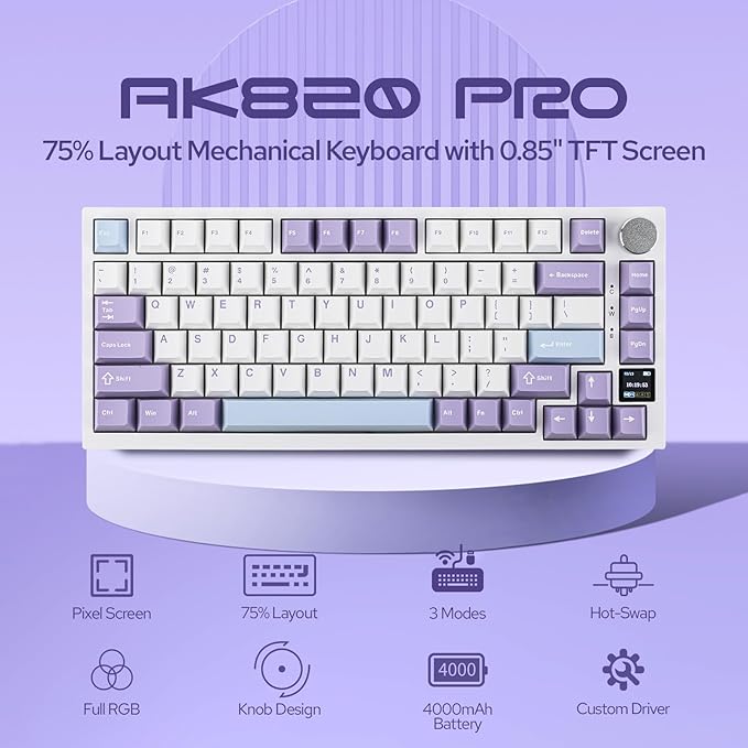 EPOMAKER Ajazz AK820 Pro 75% Wireless Mechanical Keyboard with TFT Smart Display&Knob, Gasket-Mounted Gaming Keyboard, BT/2.4GHz/USB-C Wired (Purple, Gift Switch)