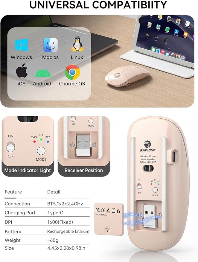 RAPIQUE R306 Pro Wireless Mouse, Dual Bluetooth & 2.4GHz, Connect Up to 3 Devices, Type-C Rechargeable, Silent Click, Ergonomic Symmetrical Design, for MacBook, Laptop, Tablet, Milk Tea Pink