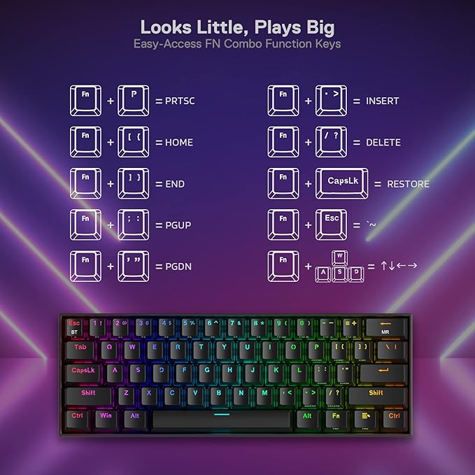 Redragon K530 Pro Draconic 60% Wireless RGB Mechanical Keyboard, BT/2.4Ghz/Wired 3-Mode 61 Keys Compact Gaming Keyboard w/Hot-Swap Socket, Free-Mod Plate Mounted PCB & Tactile Brown Switch