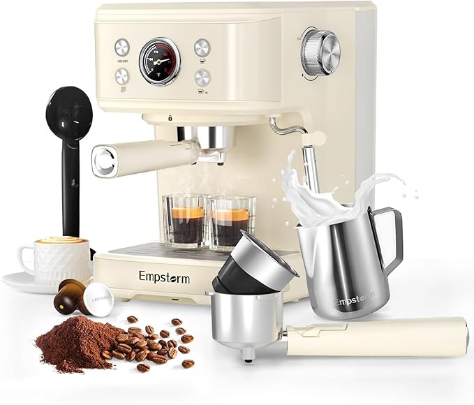 Empstorm Espresso Machine 20 Bar, 2 in 1 Espresso Maker with Milk Frother Steam Wand for Latte and Cappuccino, Powder and Capsule Portafilter, 50oz Removable Water Tank Coffee Machine for Home-White