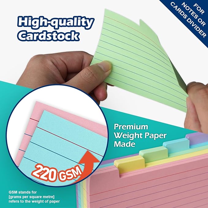 100 Pack Tabbed Index Cards 4x6 Lined Index Card Dividers with Tabs 4" x 6", White, 220 GSM Thick Paper