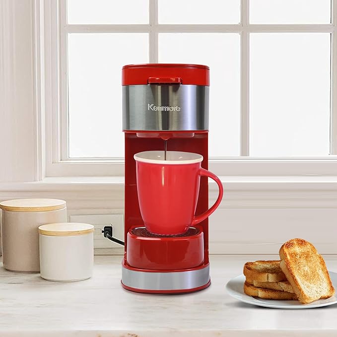 Kenmore Single Serve Coffee Maker – Compatible with Keurig K‑Cup Pods & Ground Coffee, One Cup Brewer, 6–12 Oz Brew Sizes, Travel Mug Friendly, Auto Shut‑Off, Hot & Iced Maquina de cafe, Red