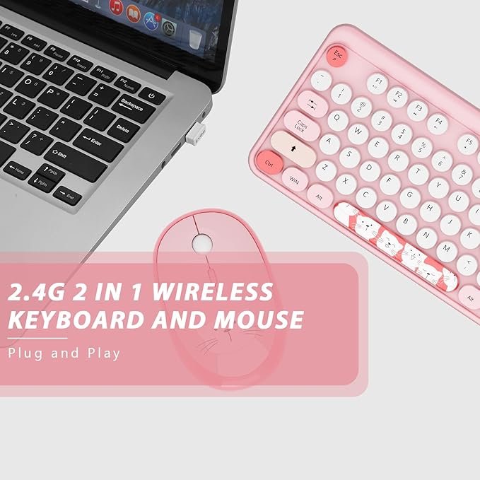 Wireless Keyboard,KOOTOP Cute Colorful 104 Keys Typewriter Retro Round Keycaps Keyboard for PC Laptop,Desktop,Windows, Home and Office Keyboards(Pink)