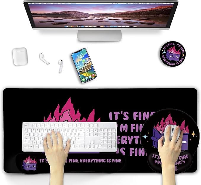 Blusabaca Dumpster on Fire Mouse Pad Desk Pad, Funny Cute Desk Mat Large Gaming Mouse Pad with Wrist Rest, Keyboard Pad Wrist Rest Ergonomic, Cup Coaster, Work Home Desk Accessories Office Supplies