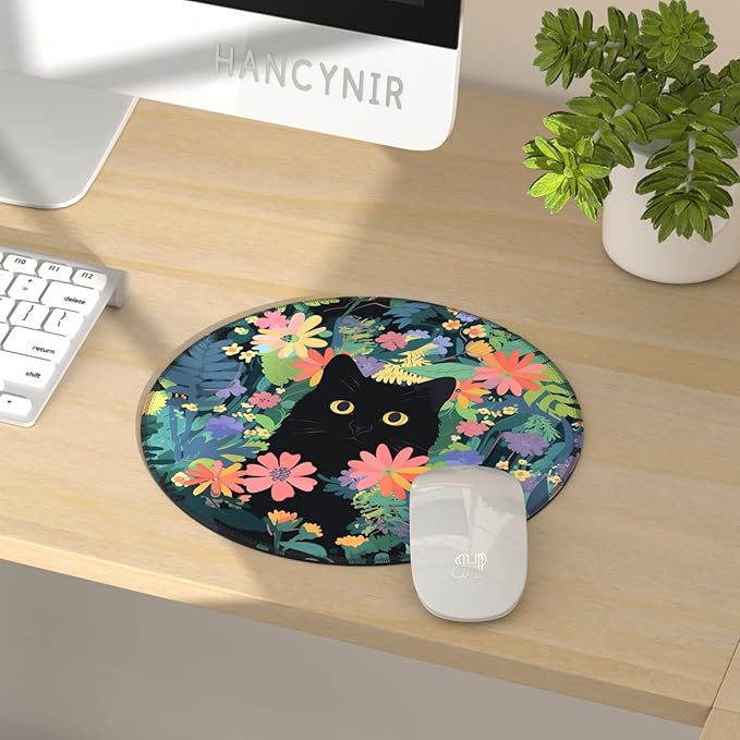 Floral Black Cat Mouse Pad for Desk, Small Cute Mousepad with Non-Slip Base, Round Travel Mouse Pads for Wireless Mouse Laptop, Computer Mouse Mat for Gaming Home Office Desk Accessories