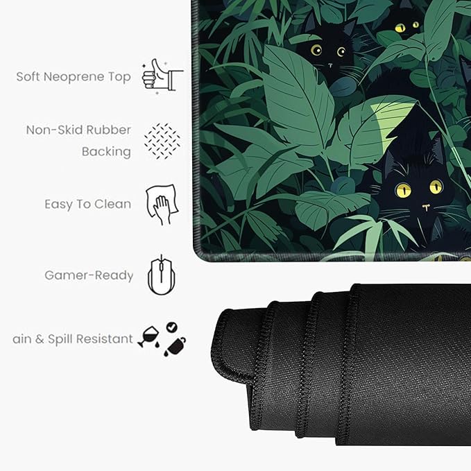 Gaming Mouse Pad Black Cute Cat Desk Mat Large Mousepad 31.5''X15.75'' Desk Pad XXL Computer Mat Big Non-Slip Mouse Mat for Women Office Work Home