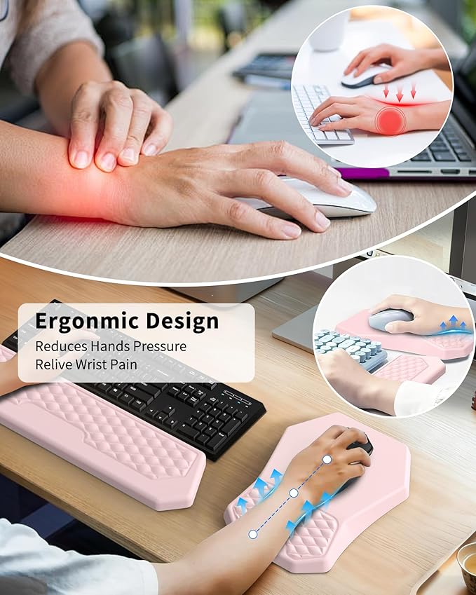 Ergonomic Mouse Pad Wrist Rest Support, Massage Design Surface for Carpal Tunnel Pain Relief, Memory Foam, Non-Slip PU Base for Computer Desk, Pink