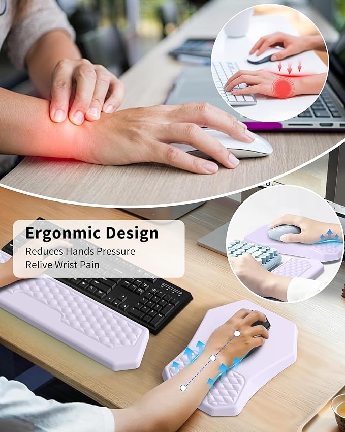Ergonomic Mouse Pad Wrist Rest Support, Massage Design Surface for Carpal Tunnel Pain Relief, Memory Foam, Non-Slip PU Base for Computer Desk, Purple