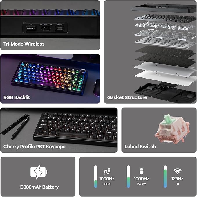 EPOMAKER x Aula F75 Ultra Wireless Gaming Keyboard with Knob, 10000mAh, Hot Swap, RGB, PBT Keycap, Creamy Sound, VIA, 75% Mechanical Keyboard for Win/Mac (Black, Pink Mint)
