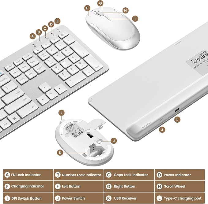 seenda Wireless Keyboard and Mouse Combo, Rechargeable Quiet Keyboard Mouse, Sleek and Ultra Thin Design, Full-Size with Number Pad for Windows, Laptop, PC, Notebook, Desktop- Silver and White