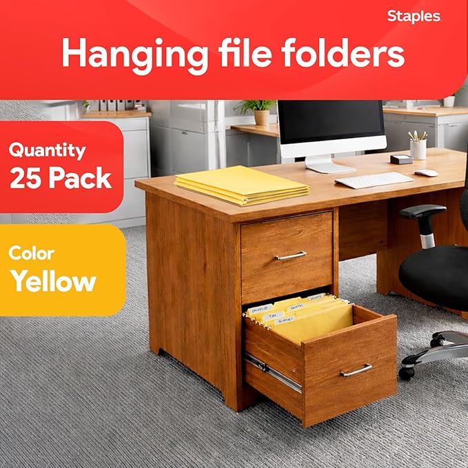 Staples Hanging File Folders, Letter Size, Yellow, 5‑Tab, Durable Construction – 25/Box