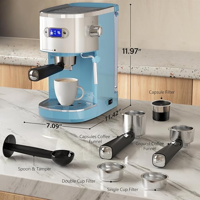20 Bar Espresso Machine Semi-Automatic, Professional Coffee Maker with Milk Frother Steam Wand & 45OZ Removable Water Tank, Home Barista System for Cappuccino, Latte, Americano-Stainless Steel-Blue