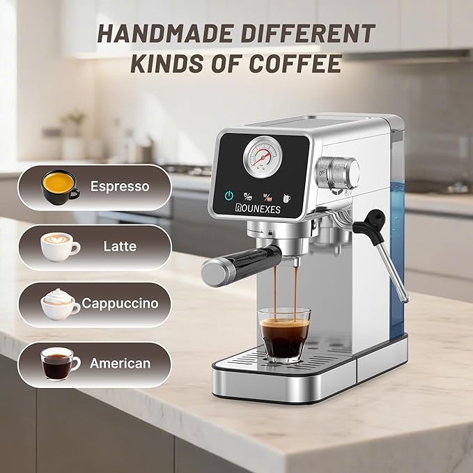 20 Bar Espresso Machine, Semi-Automatic Espresso Machine with Milk Frother, Compact Espresso Coffee Maker For Café-Quality Lattes and Cappuccinos at Home & Office, Silver