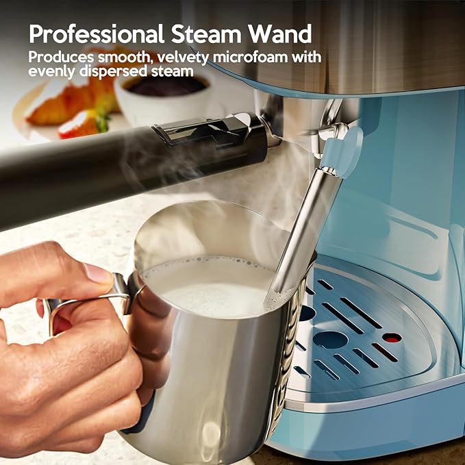 20 Bar Espresso Machine Semi-Automatic, Professional Coffee Maker with Milk Frother Steam Wand & 45OZ Removable Water Tank, Home Barista System for Cappuccino, Latte, Americano-Stainless Steel-Blue