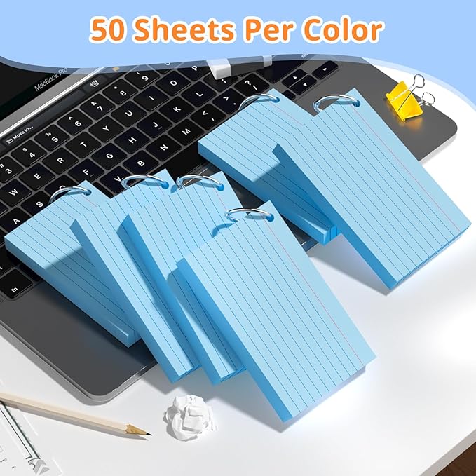 Index Cards 3x5 Inches, 300 PCS, Blue Flash Cards With Ring, Punched Lined Study Card Ruled Flashcards Notecards, Ruled Front And Blank Back, Note Card for School, College And Home