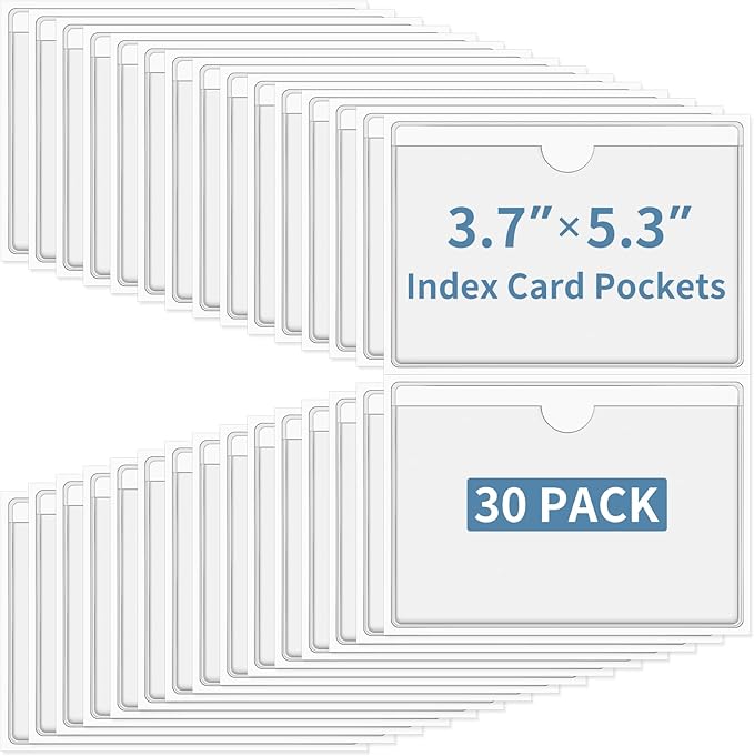30 Pcs Clear Index Card Pockets, Self-Adhesive Label Pocket for Replaceable Labels with Top Opening, Ideal Index Card Holder for 3x5 Inch Photos, Notes
