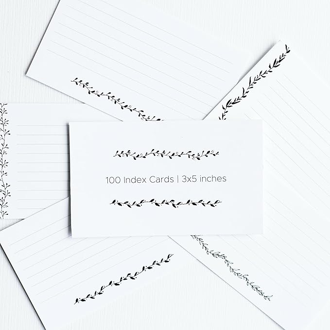Leaf Garland Index Cards by Pure Print and Design | Floral Flash Cards Perfect For Study Sessions & Learning | 100 Cards of Premium Quality with 5 Different Designs | Black and White | 3x5 inches