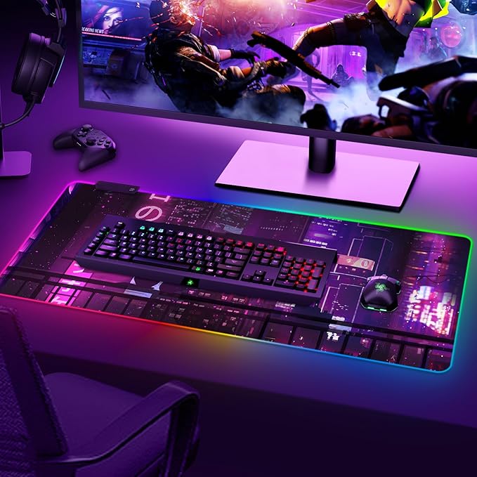 ARTSO Large RGB Gaming Mouse Pad Purple, Extended Soft Led Mouse Pad with 14 Lighting Modes, Water Resist Keyboard Pad, Non-Slip Rubber Base Computer Mousepads Mat 35.4x15.7inch,Purple Neon Sign