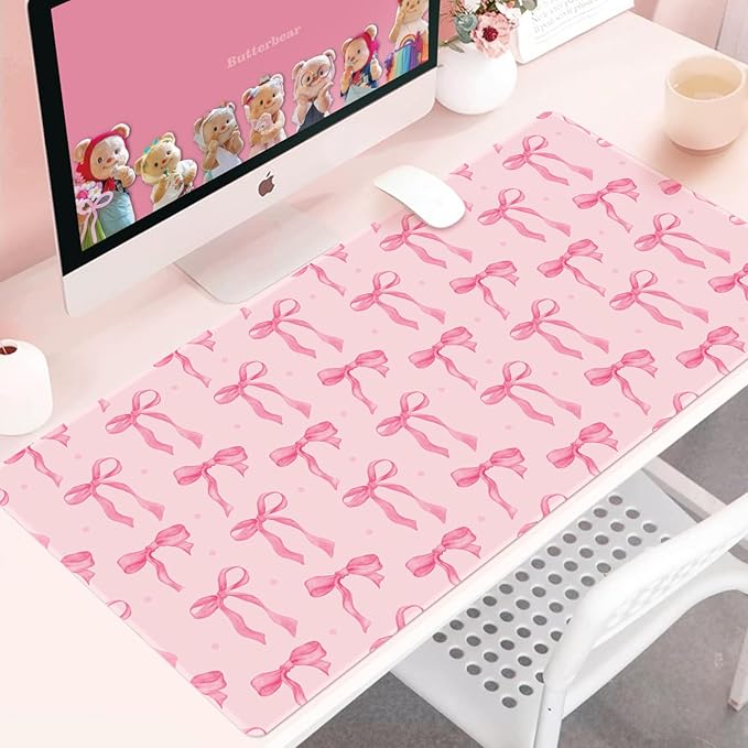Pink Desk Mat with Bows, Cute Bow Mouse Pad for Computer Laptop PC Non-Slip Rubber Base Gaming Keyboard Pad, Large Office Mat Girly Décor Office Supplies Accessories for Teen Girls Women 31.5 x 15.7in
