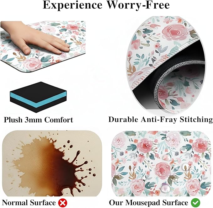 Pink Floral Mouse Pad (31.5 x 11.8 Inch), Large Watercolor Rose Desk Mat, Cute Botanical Pattern with Teal Leaves, Non-Slip Laptop Base, Spring Office Decor