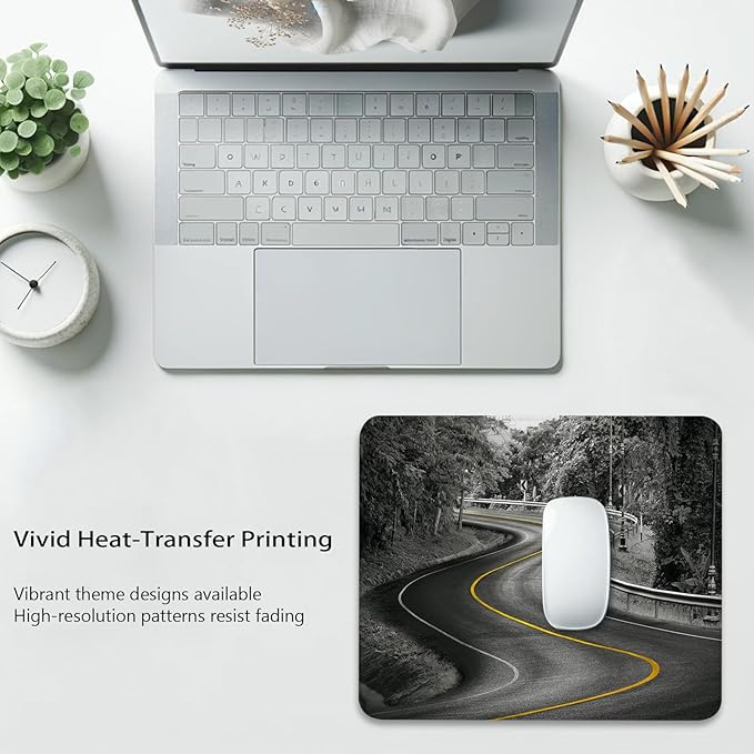 Anti-Slip Gaming & Office Mouse Pad with Stitched Edges 9.5 x 7.9 Inch, Curvy Asphalt Road with Yellow Line in Middle Nature Forest Trees Durable Smooth Surface Desk Mat