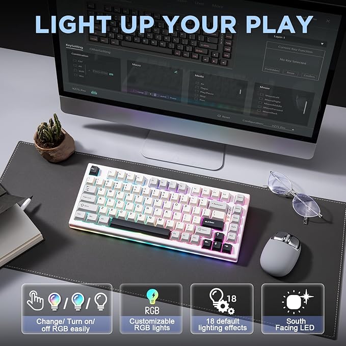 YUNZII YZ75 75% Hot Swappable Wireless Gaming Mechanical Keyboard, RGB Backlights, BT5.0/2.4G/USB-C, Dye Sub PBT Keycaps for Linux/Win/Mac(Gateron G Pro Red, White)