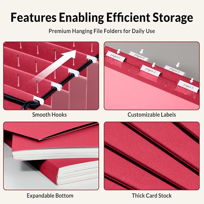 SUNEE Hanging File Folders, 25 Pack Letter Size Hanging File Folders with 1/5-Cut Tabs, Ideal for Home and Office Organization and Papers Classification,Red