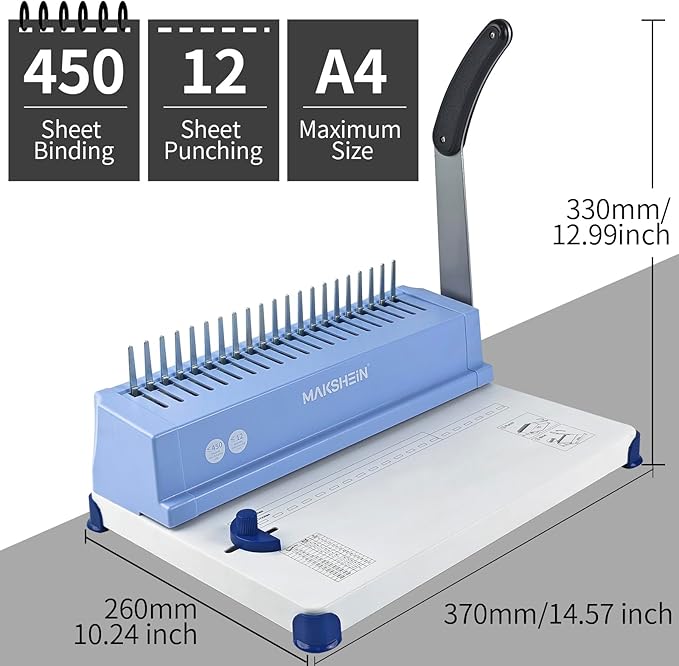 Comb Binding Machine, 21-Hole, 450 Sheets Capacity, Punch up to 12 Sheets, Punch Comb Binder Machines for Letter Size A5/A4 Paper with 100pcs 1/4" Binding Spines
