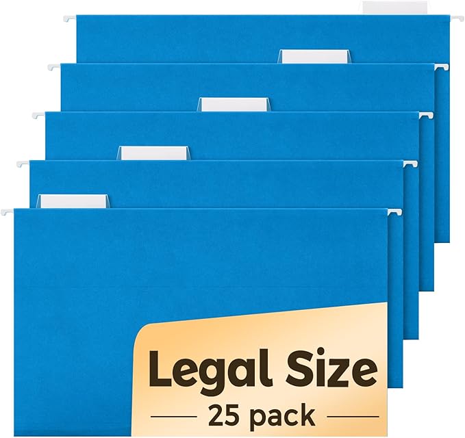 SUNEE Hanging File Folders Legal Size, Blue File Folders 25 Pack 1/5-Cut Tabs, Stay Organized for Your Home and Office Bulk File and Documents