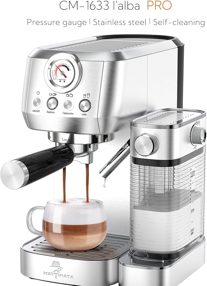 MAttinata CM1633 Cappuccino Machine 20 Bar, Professional Espresso Machines with Automatic Milk Frother, Barista Compact Latte Coffee Maker for Home, Pressure Gauge for Coffee Lovers, Stainless Steel