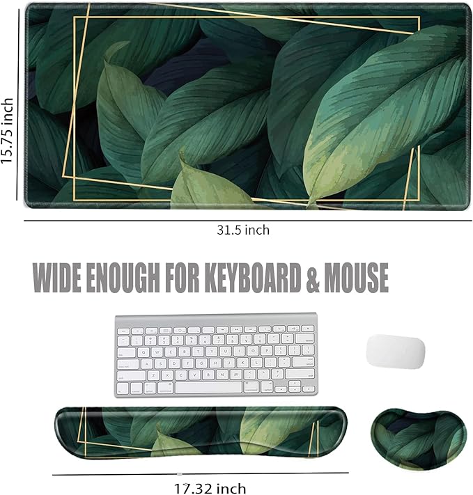 Gaming Mouse Pad 31.5 x 15.75 Inch Green Leaf Desk Mat Extended Large Keyboard Pad Non Slip Computer Mouse Pads Non-Slip Rubber Base and Stitched Desk Pad for Office Work