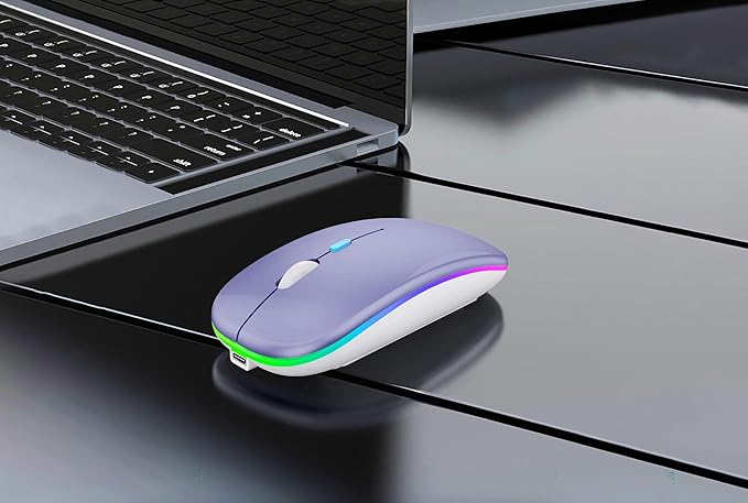 Wireless Bluetooth Mouse Rechargeable Laptop Mice with LED Lights Silent Slim Use(BT5.2 and 2.4G Portable USB Receiver)Dual Mode Computer Mouse for Laptop/iPad/Tablet/Apple/Computer/Mac(Purple)