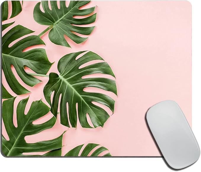 Palm Tree Leaves Pink Background Mouse Pad, Tropical Leaves Monstera Mousepad Non Slip Rubber Gaming Mouse Pad Rectangle Mouse Pads for Computers Laptop 9.5"x7.9"x0.12" Inch