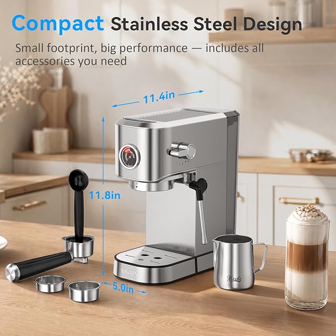 XIXUBX 20 Bar Espresso Machine, Compact Stainless Steel Espresso Maker with Milk Frother and Milk Frothing Pitcher, Coffee Machine for Cappuccino and Latte, 42 oz Water Tank for Home, Office, Silver